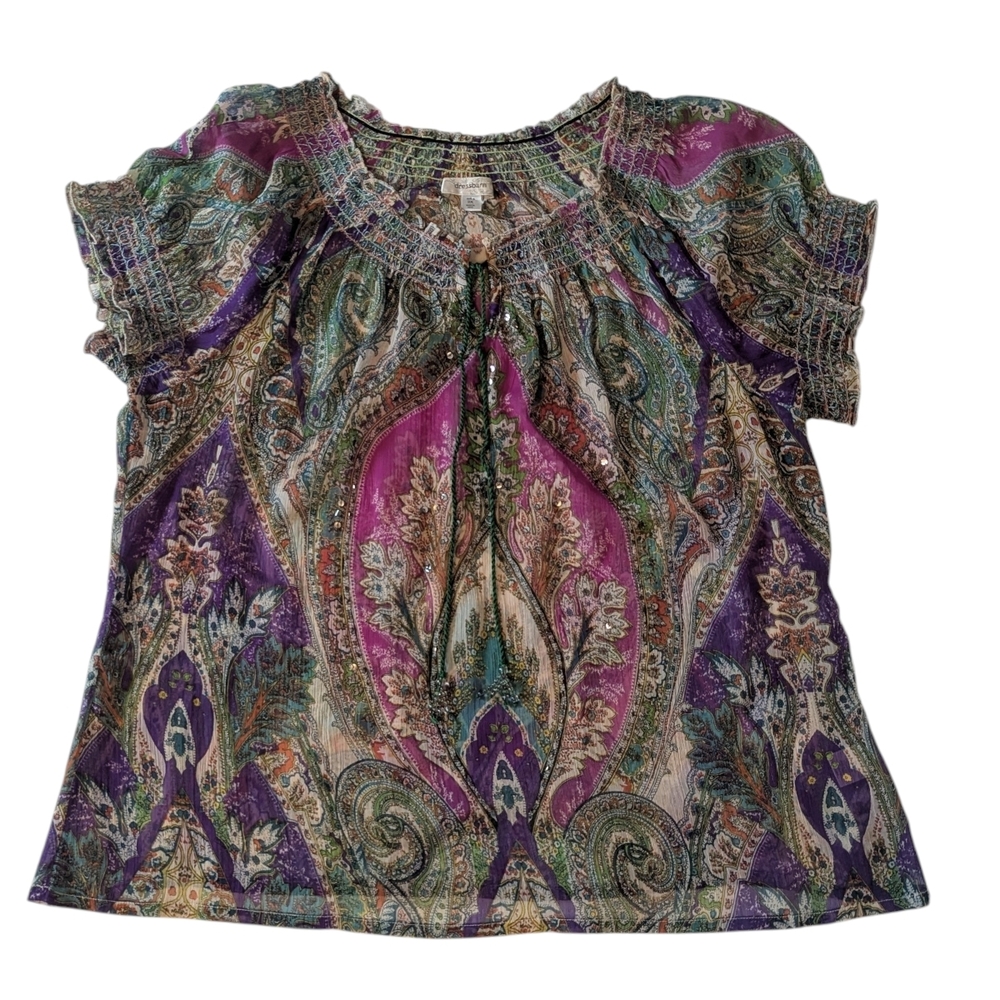 Dress Barn Boho Purple Paisley  Sequinced Beaded Shirred Arms & Neckline SS Top